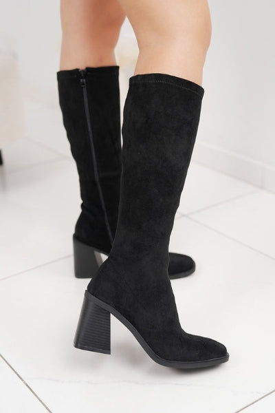 Bottes hautes noires extensibles à talon carré