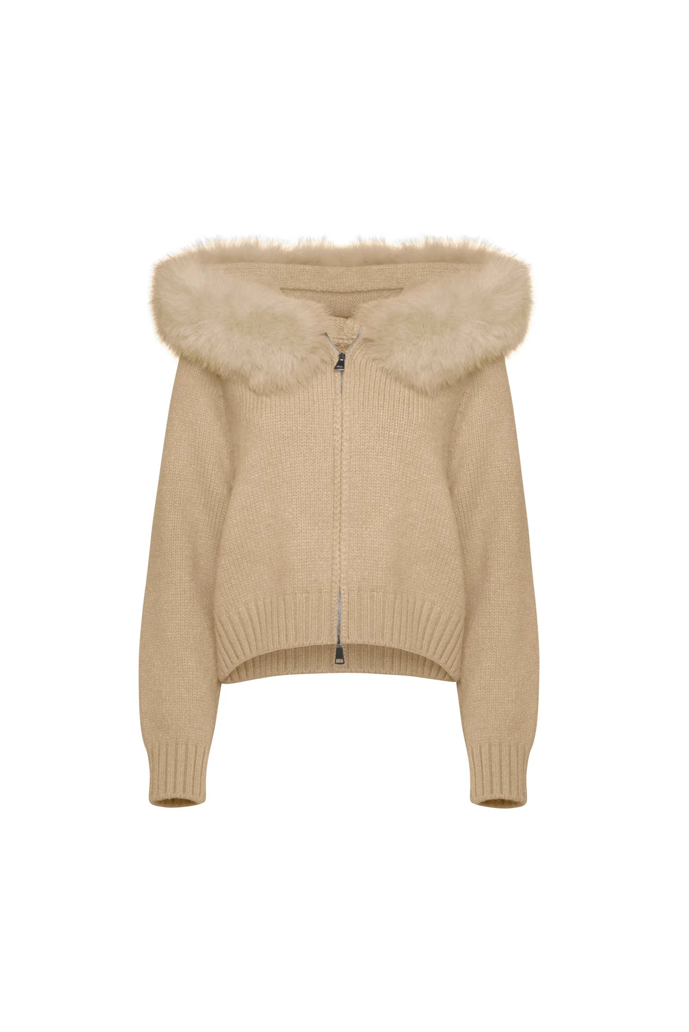 Cardigan Beige à Capuche Fourrure