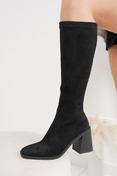 Bottes hautes noires extensibles à talon carré