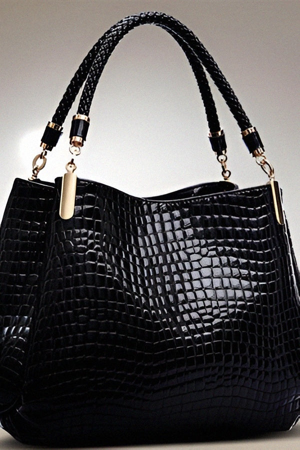 Sac à main noir effet croco avec poignées tressées