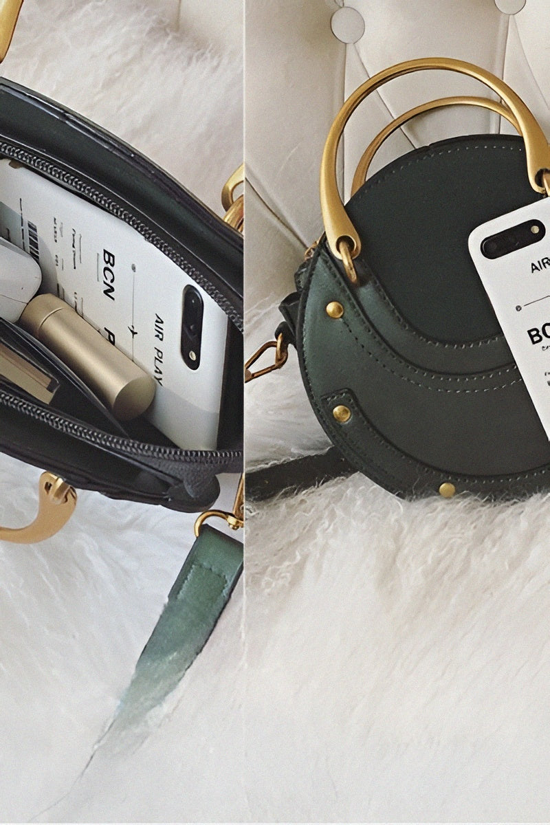 Sac rond camel à poignée dorée