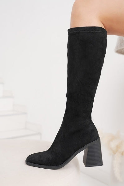 Bottes hautes noires extensibles à talon carré